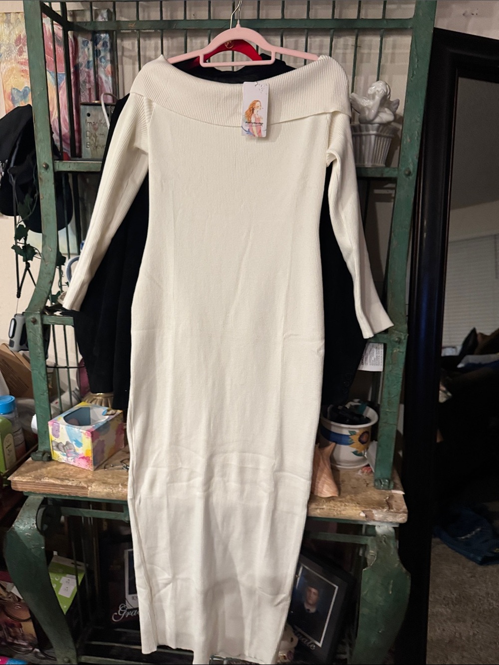 Cream Off-Shoulder Maxi Knit Dress